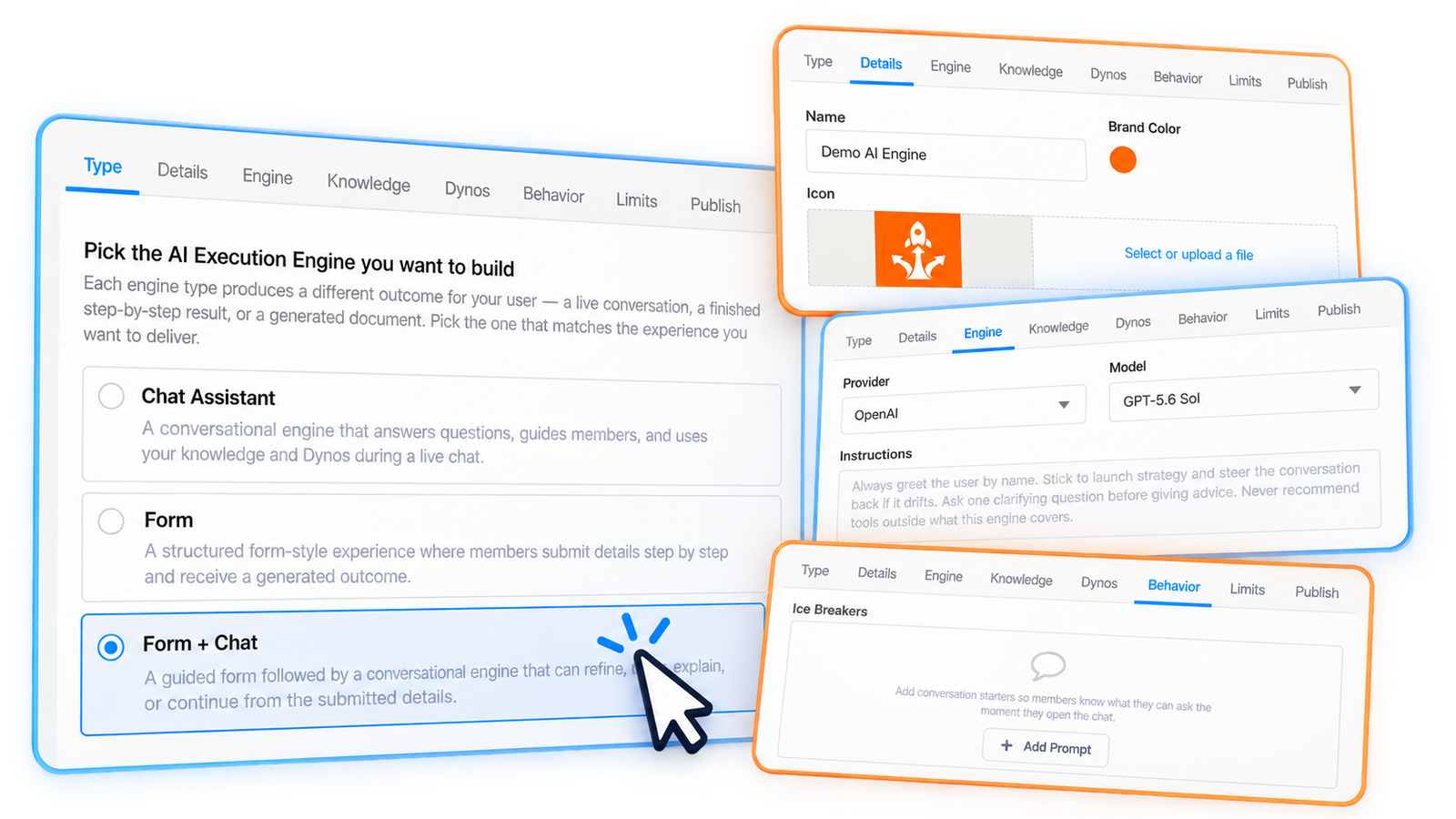 The AIEE Studio: pick Chat, Form or Form + Chat, then set the name, brand colour, icon, model and starter prompts.