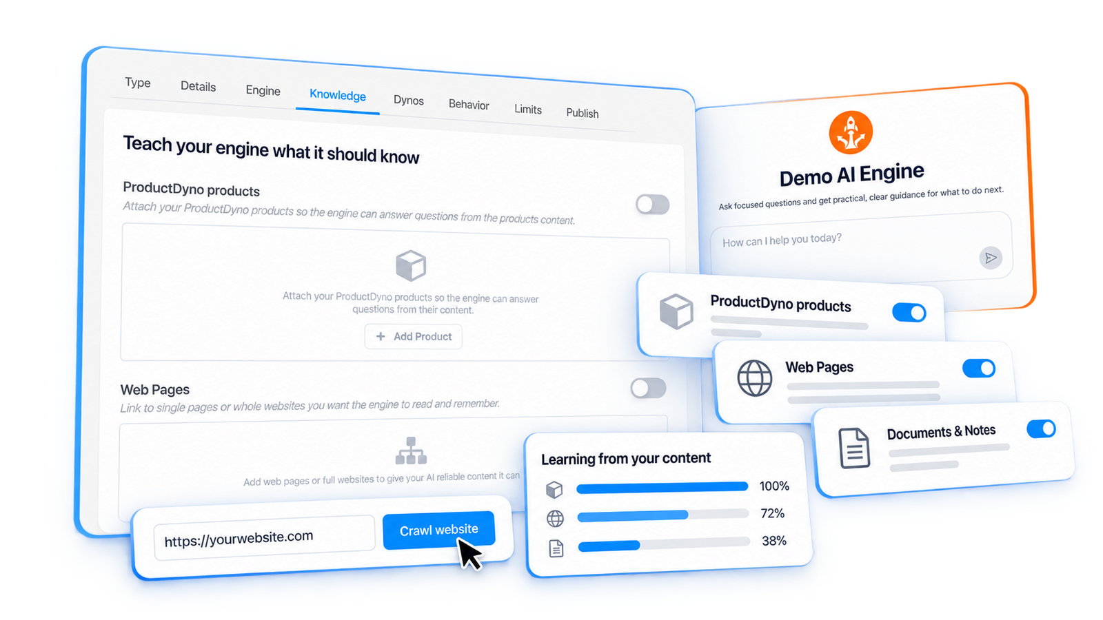 Teach the engine: crawl a website from one URL, add ProductDyno products and documents, with live learning progress.